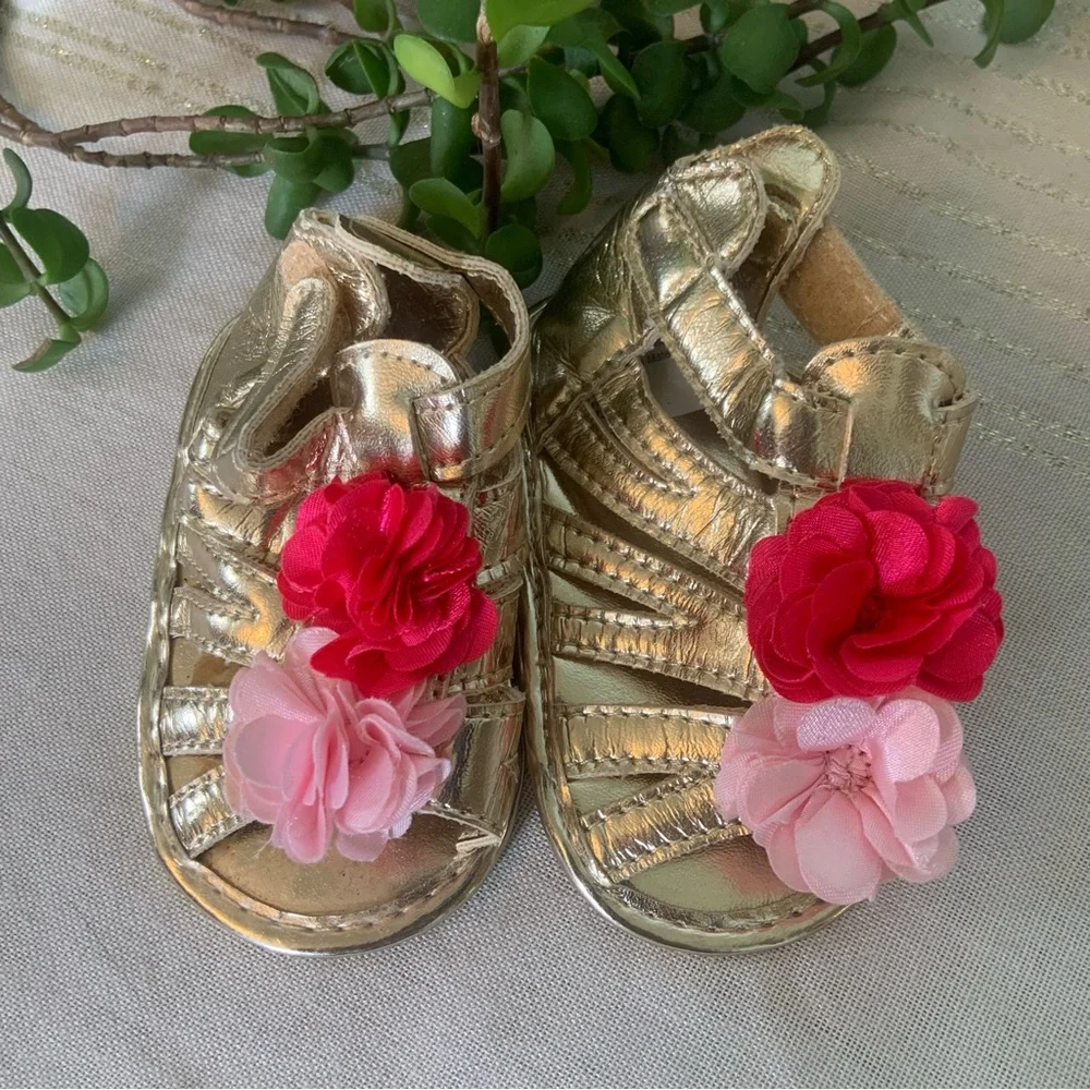 Baby Girl Metallic Gold Cage Sandals with Large Flower Embellishments